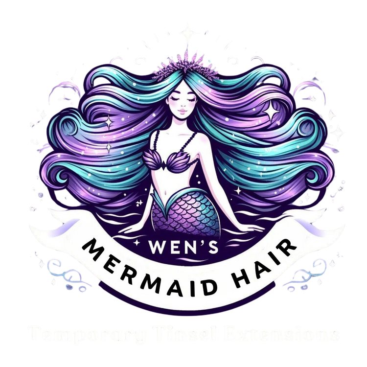 Wen's Mermaid Hair located on Tybee Island and Savannah GA Temporary Tinsle Extensions. Fairy Hair, Glam Strands, Tinsle hair, sparkle hair. 