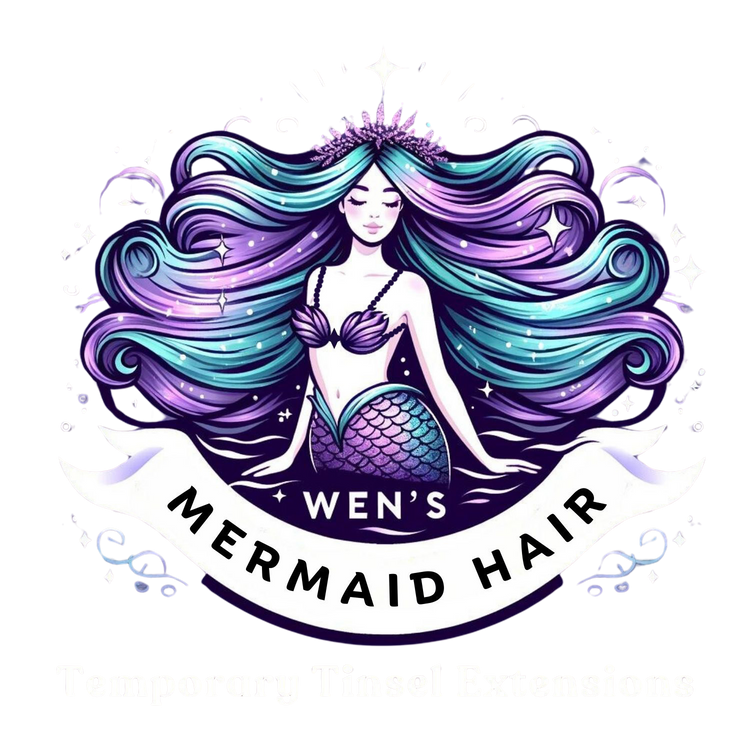 Wen's Mermaid Hair located on Tybee Island and Savannah GA Temporary Tinsle Extensions. Fairy Hair, Glam Strands, Tinsle hair, sparkle hair. 